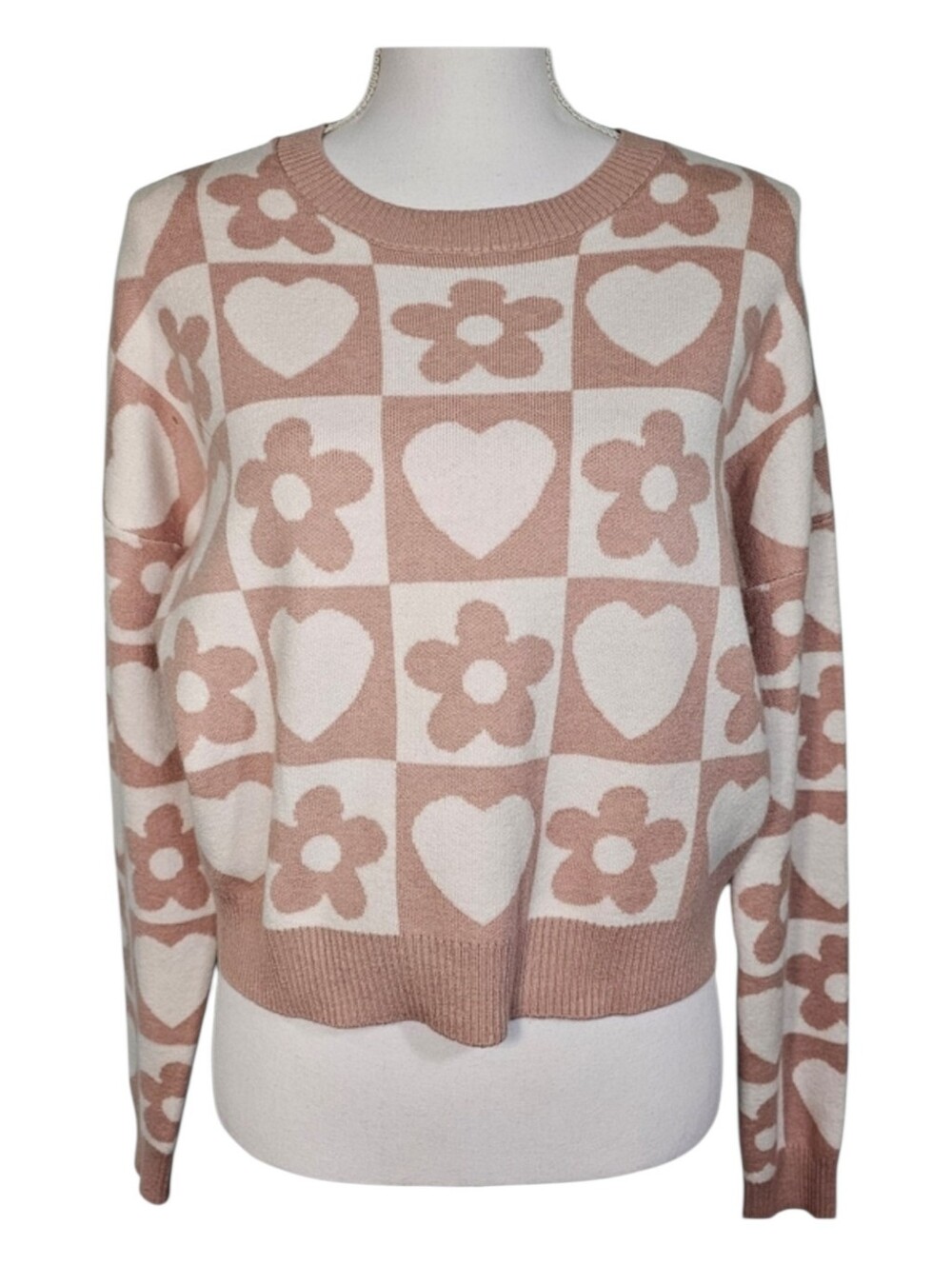 Debut Pink Cream Heart Daisy Print Lightweight Crewneck Sweater Women's Size S